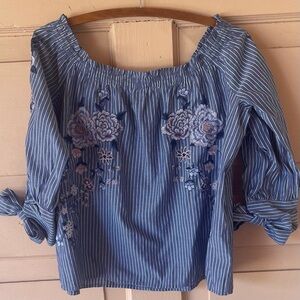 American Eagle Outfitters Striped Embroidered Floral Boho Top - Blue and Pink